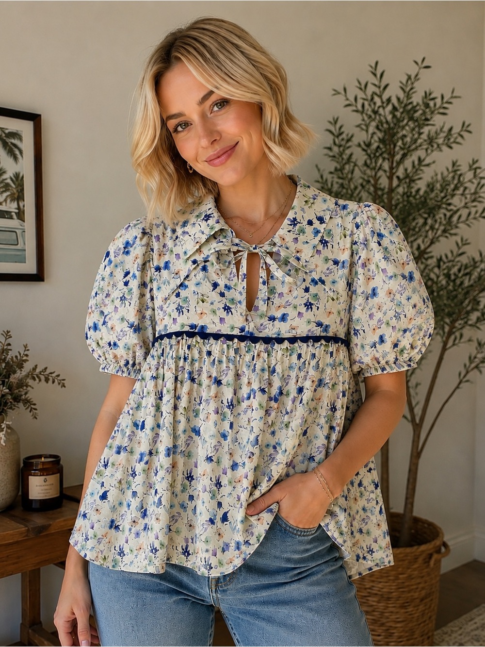 Blue Floral Puff Sleeve Babydoll Tie Neck Top - 630